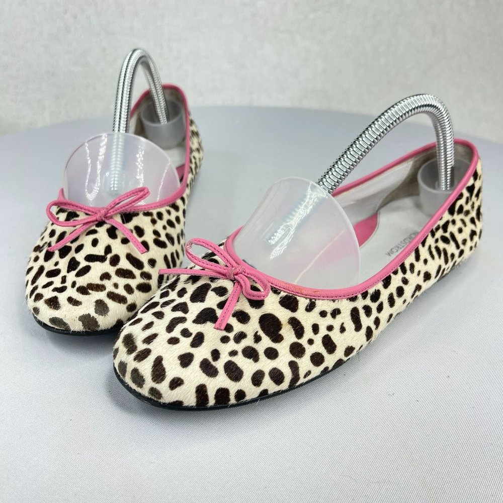 NORDSTROM Girls 3 Leather Flats Ivory Calf Hair Animal Print Pink Trim Spring